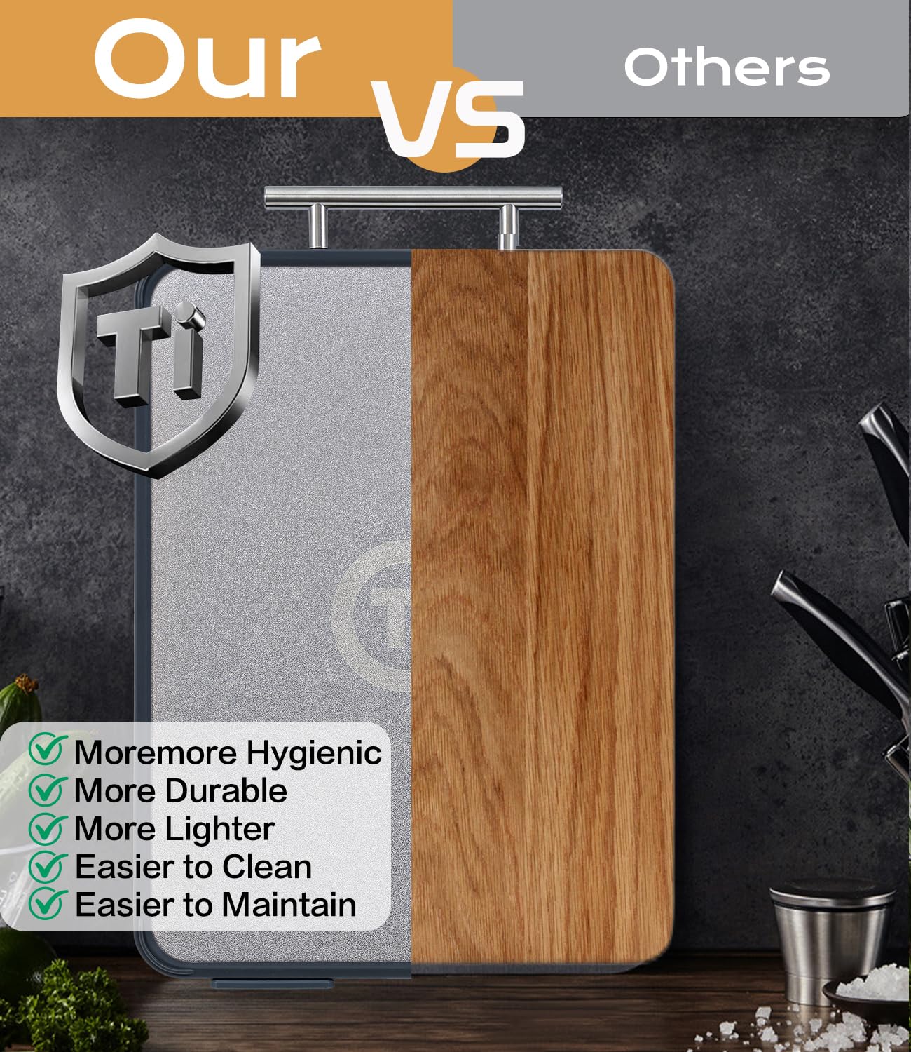 Tibbicc board next to fruits and utensils showing 14.5×11 inch scale for kitchen tasks