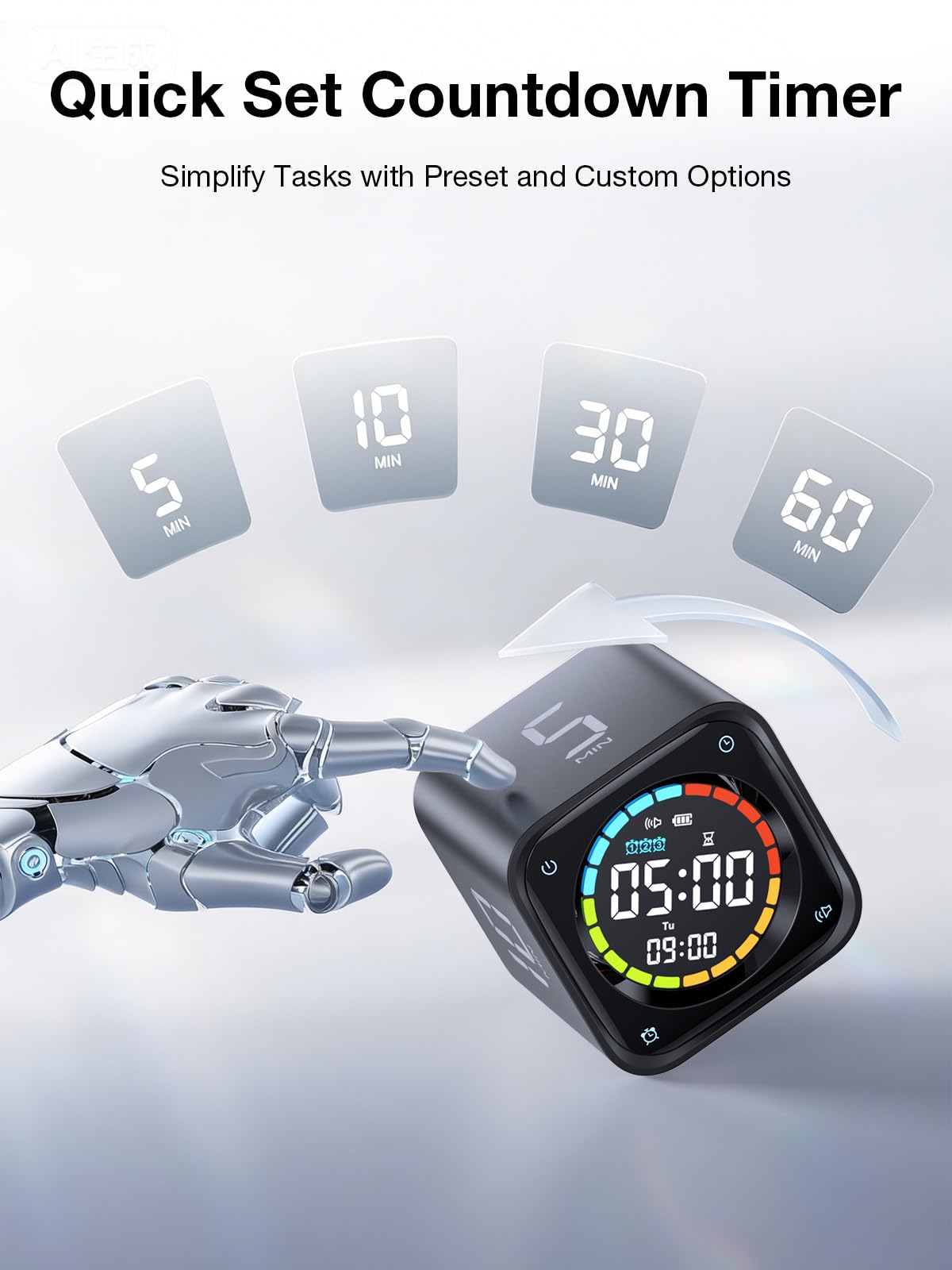 Ticktime TK3 close-up LED screen displaying time, day, and mode for clarity