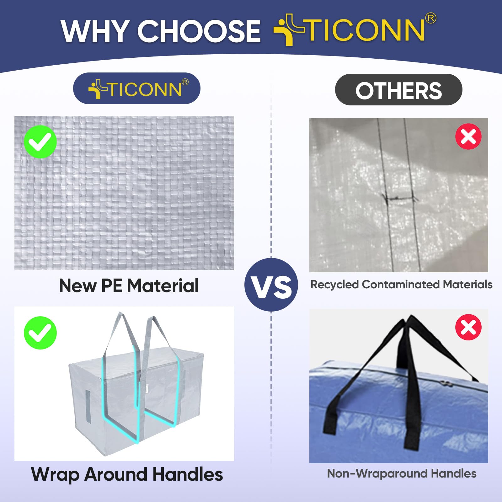 TICONN side profile filled with bedding illustrating large-capacity convenience
