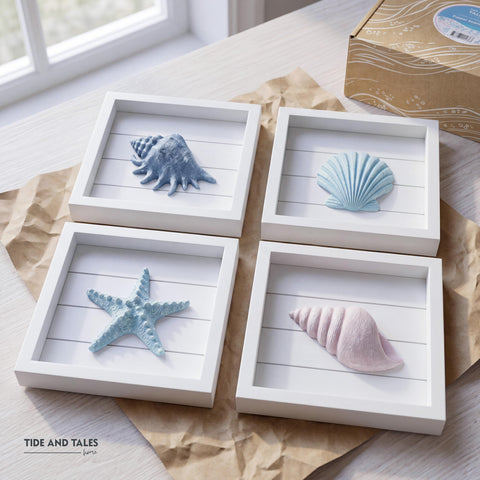 Tide and Tales arranged in a four-grid on wall demonstrating cohesive set styling
