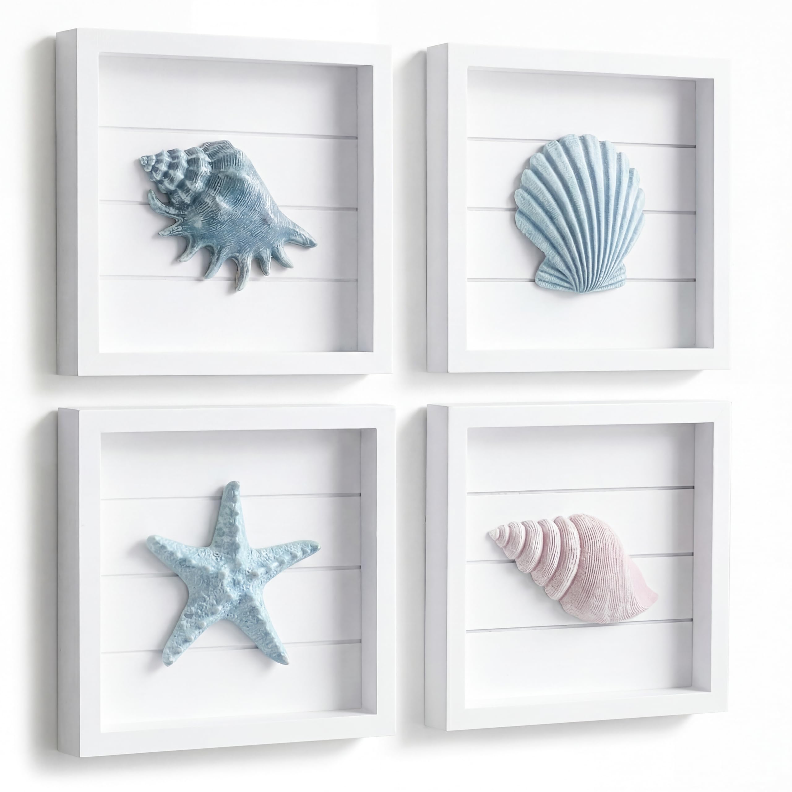 Tide and Tales framed set front view showing four pastel seashell panels and coastal charm