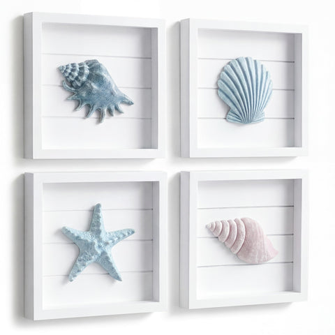 Tide and Tales framed set front view showing four pastel seashell panels and coastal charm