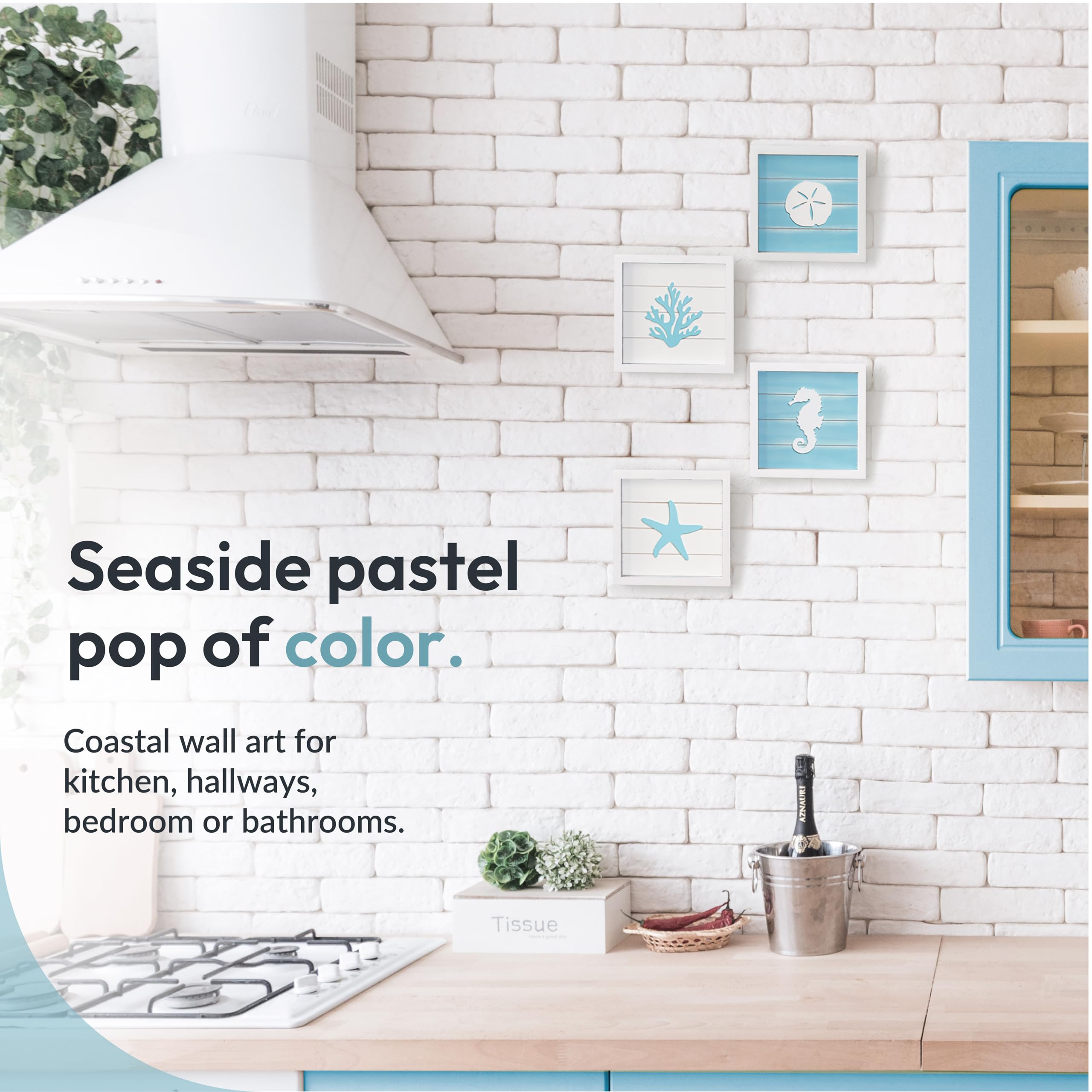 Tide and Tales mounted in bathroom setting gives coastal mood benefit