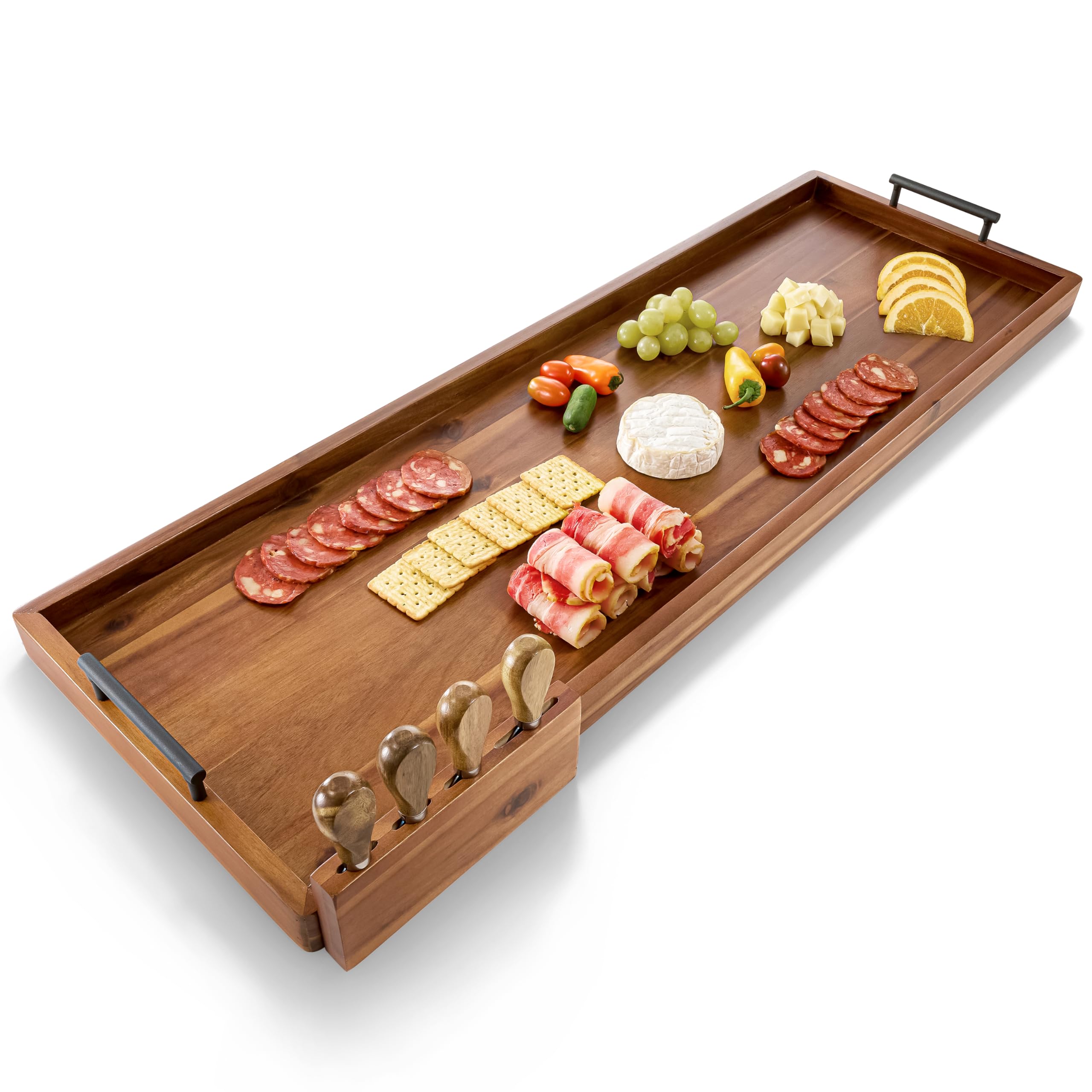 Tidita acacia board front view showing wide serving surface and end handles for easy serving