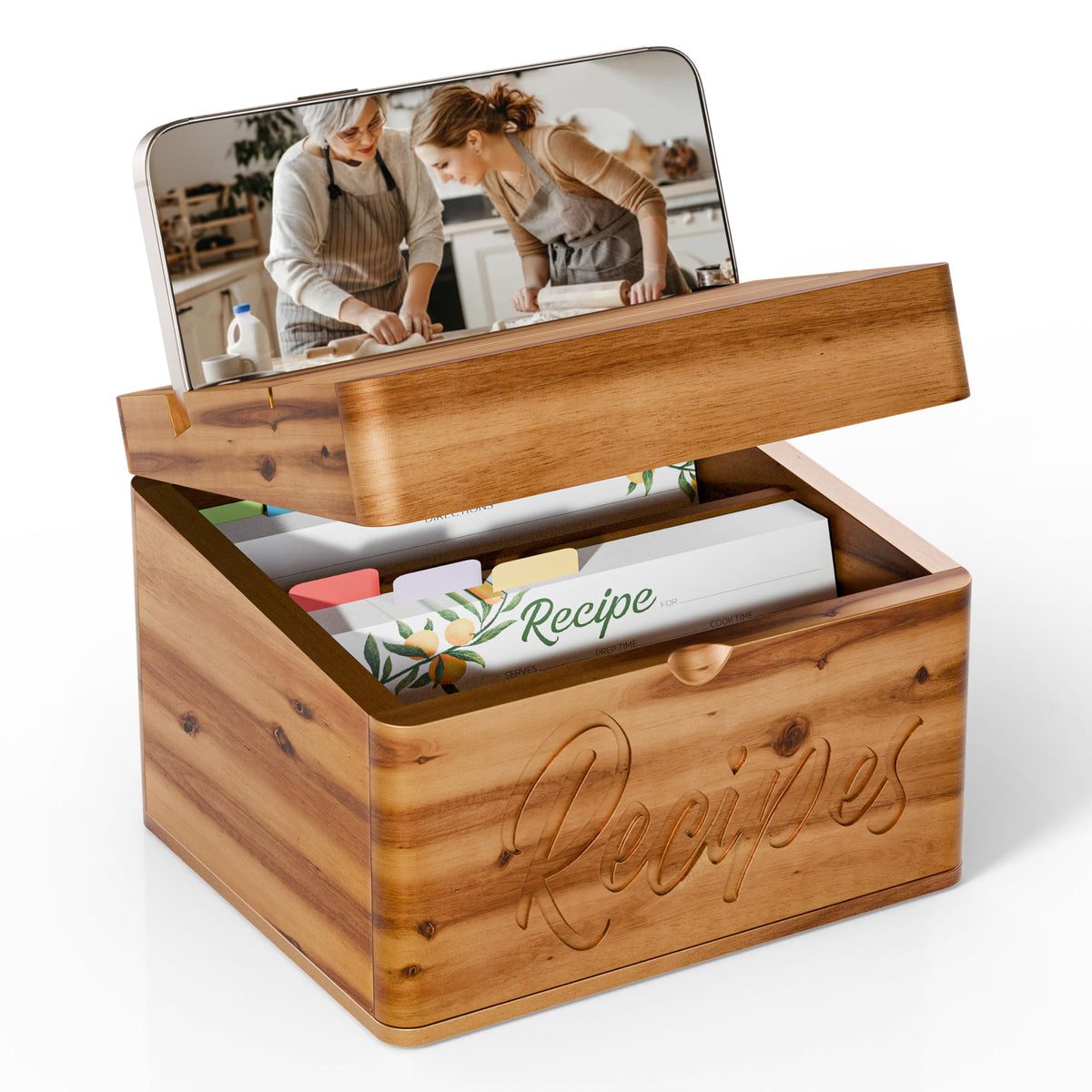 Tidita acacia recipe box front view showing engraved Recipes and warm finish