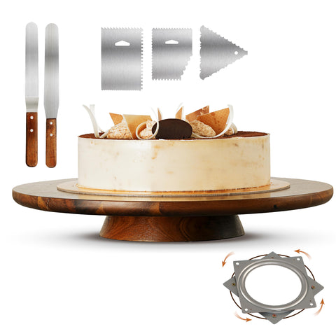 Tidita front view of acacia cake stand showing rustic finish and sturdy base benefits presentation