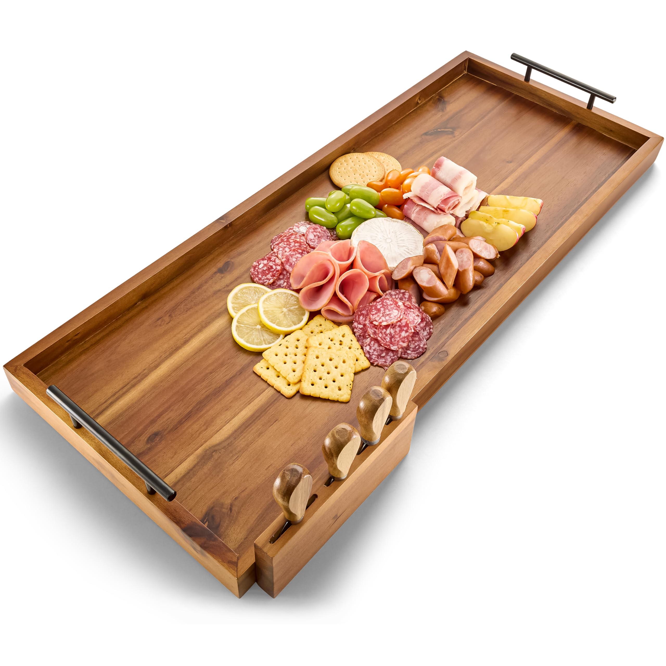 Tidita front view showing full acacia charcuterie board and handles for impressive presentation