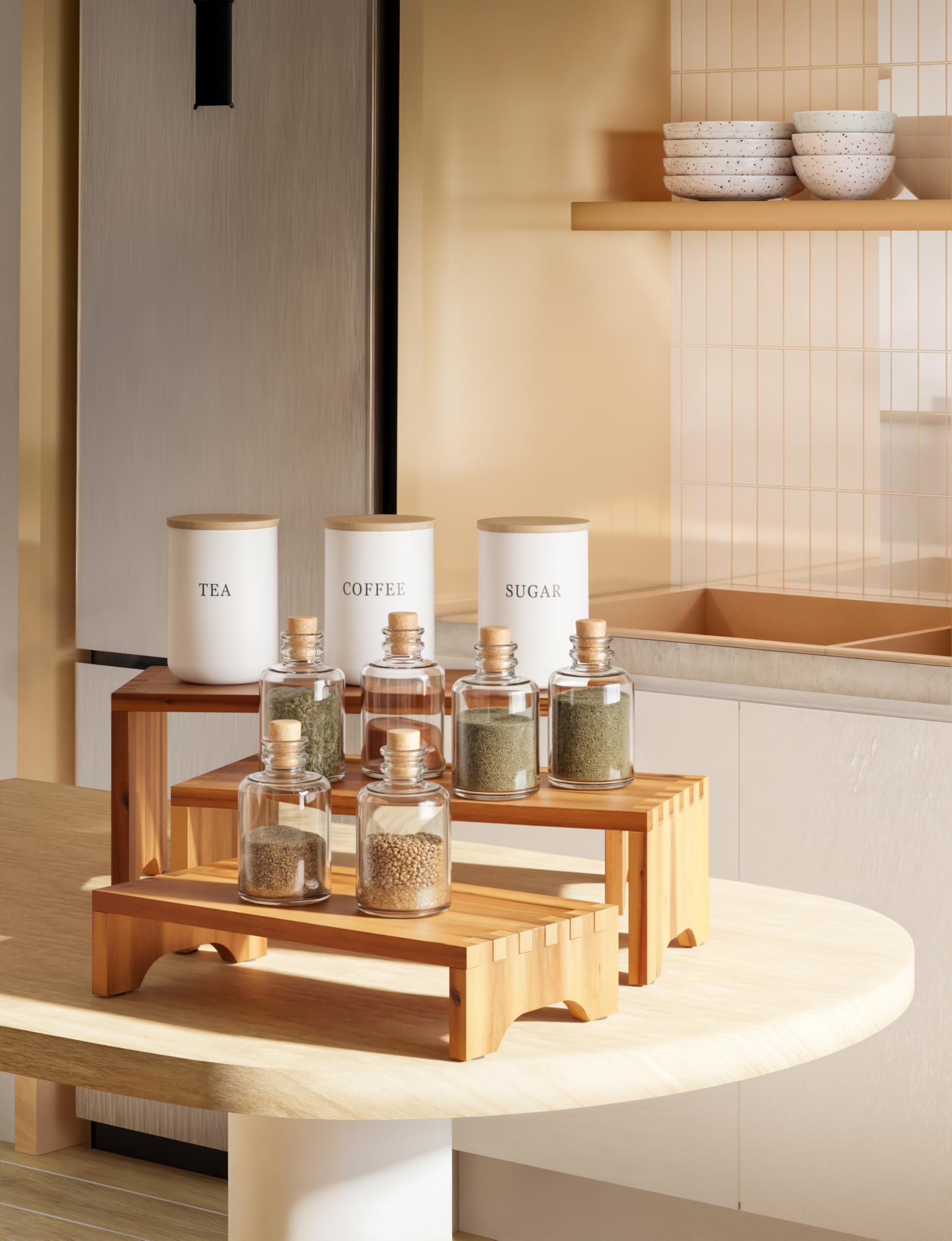 Tidita risers used as organizer showing space-saving storage and tidy countertop benefit