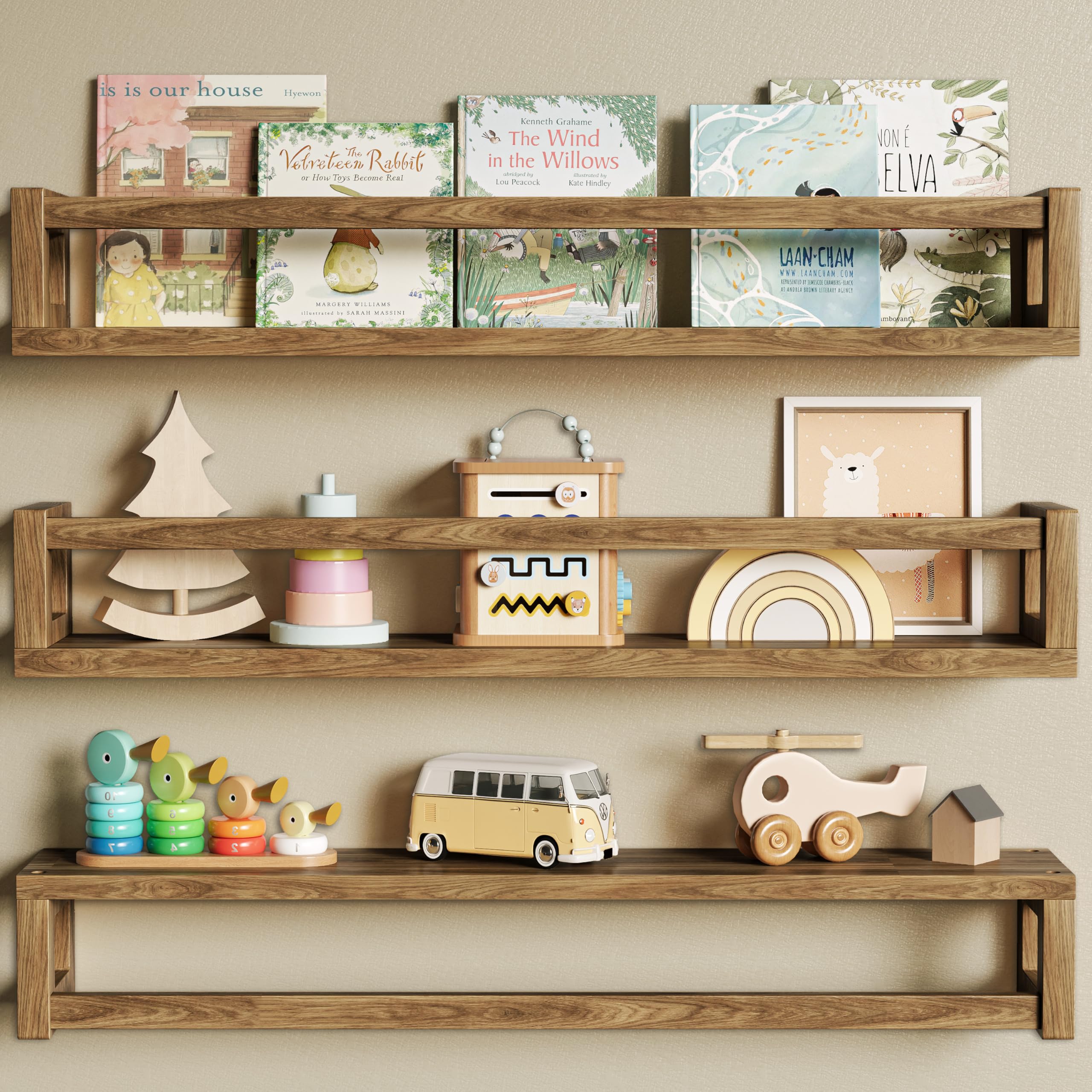 TidyCorner front view of three walnut shelves showing neat display benefit
