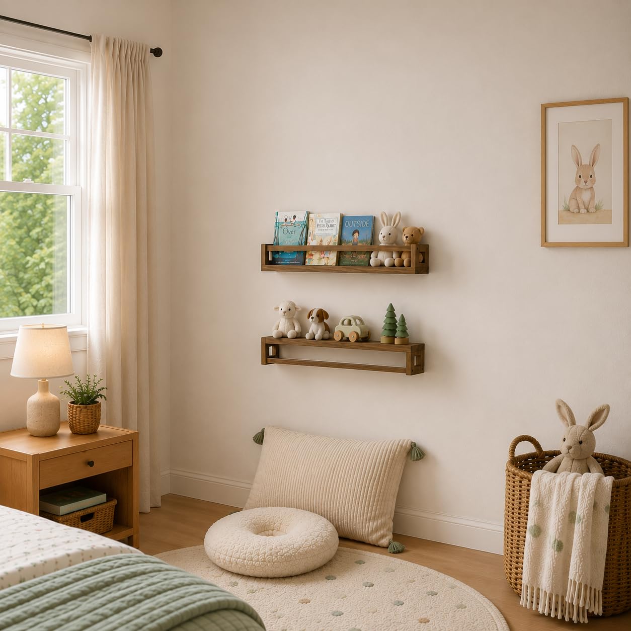 TidyCorner shelves mounted in a nursery offering space-saving display benefit