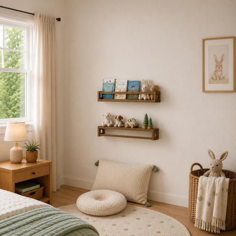 TidyCorner shelves mounted in a nursery offering space-saving display benefit
