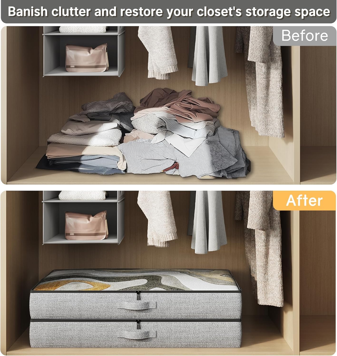 TidyCorner bin slid under bed in bedroom to maximize floor space and reduce clutter