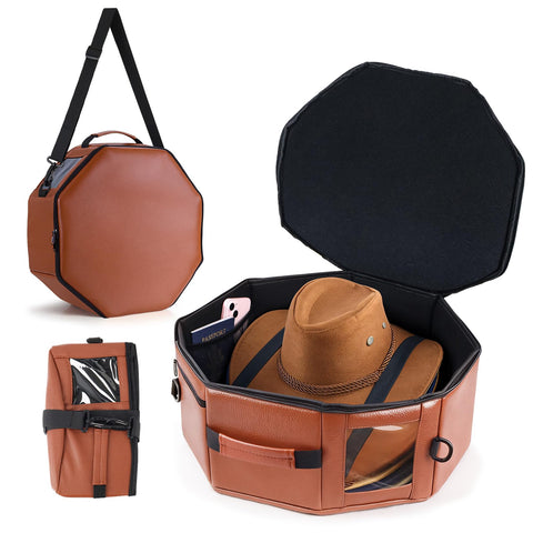 TIFFYONEK front view of brown vegan leather hat box showing refined protection