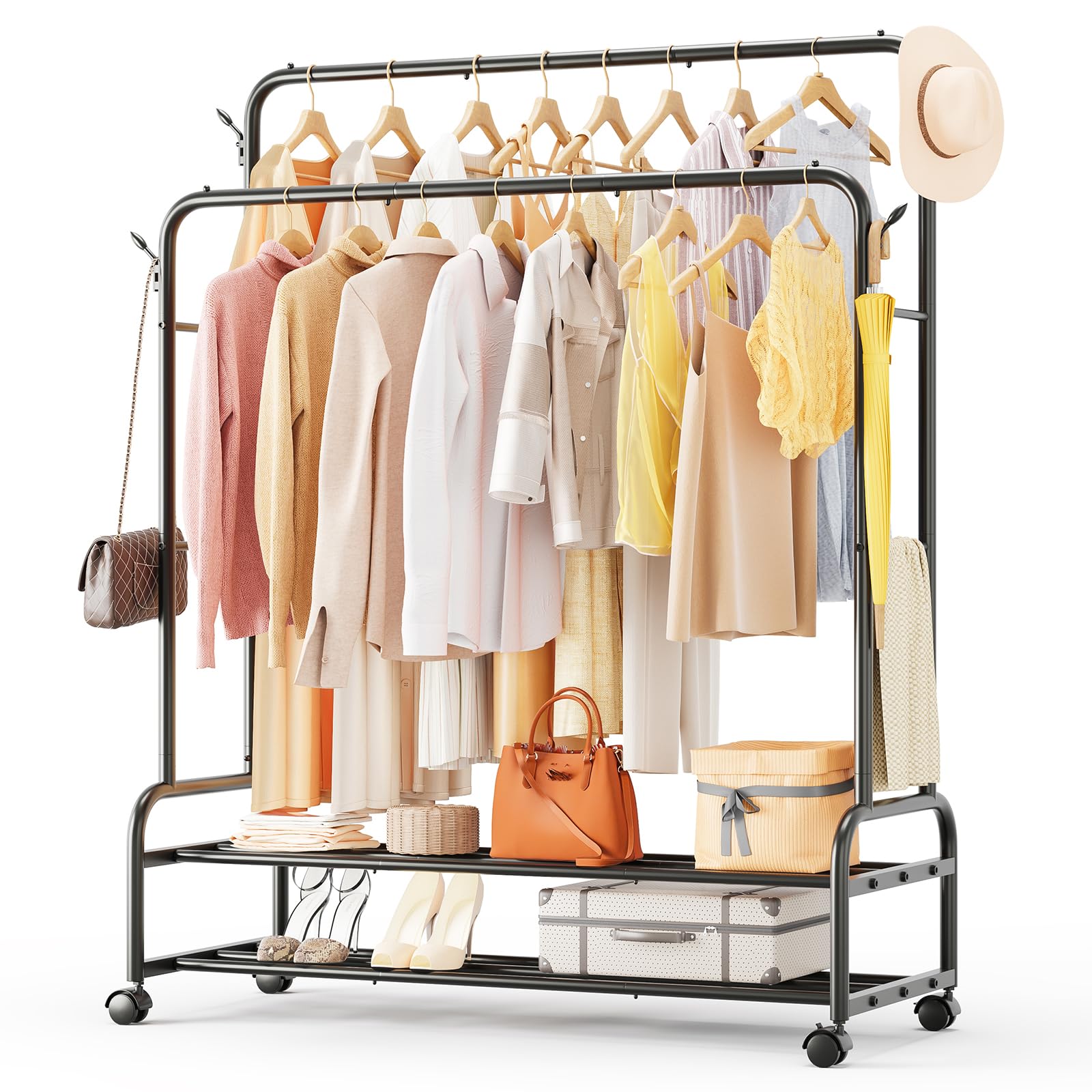 TigerParty front view of full clothes rack showing dual rods and shelves, saves space