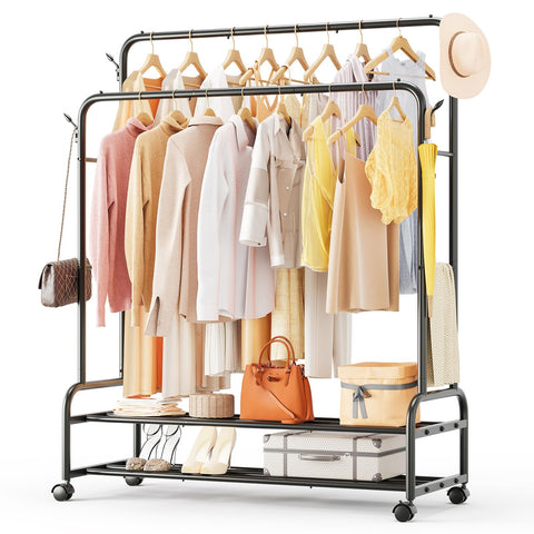 TigerParty front view of full clothes rack showing dual rods and shelves, saves space