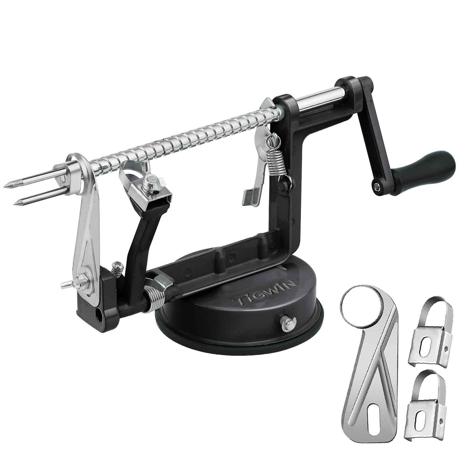 tigwin front view of apple peeler corer slicer showing sturdy frame and handle for fast prep