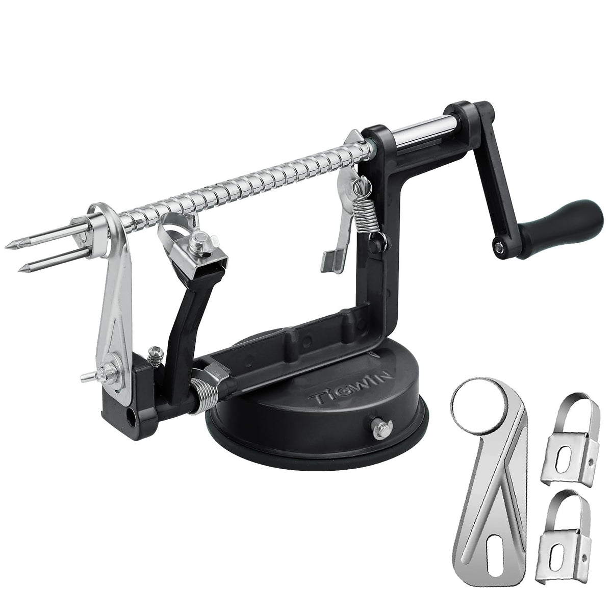 tigwin front view of apple peeler corer slicer showing sturdy frame and handle for fast prep