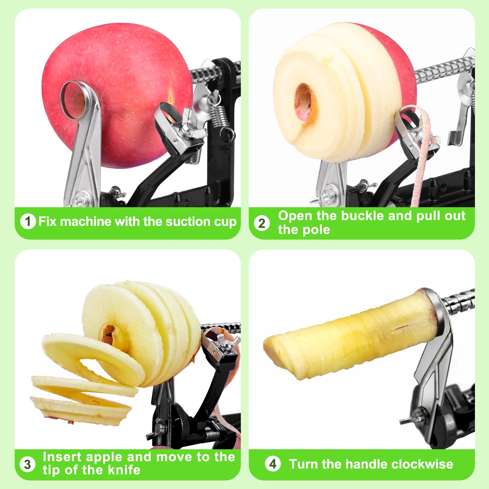 tigwin apple being peeled cored and sliced by tool demonstrating quick batch processing