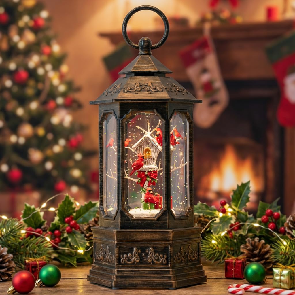 TIJNN front view of snow globe lantern showing cardinals, creates cozy holiday focal point