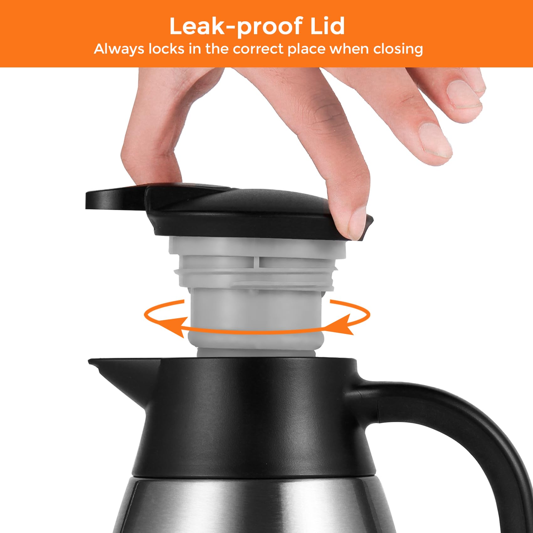 Tiken carafe in hand pouring coffee with press-down button ease benefit