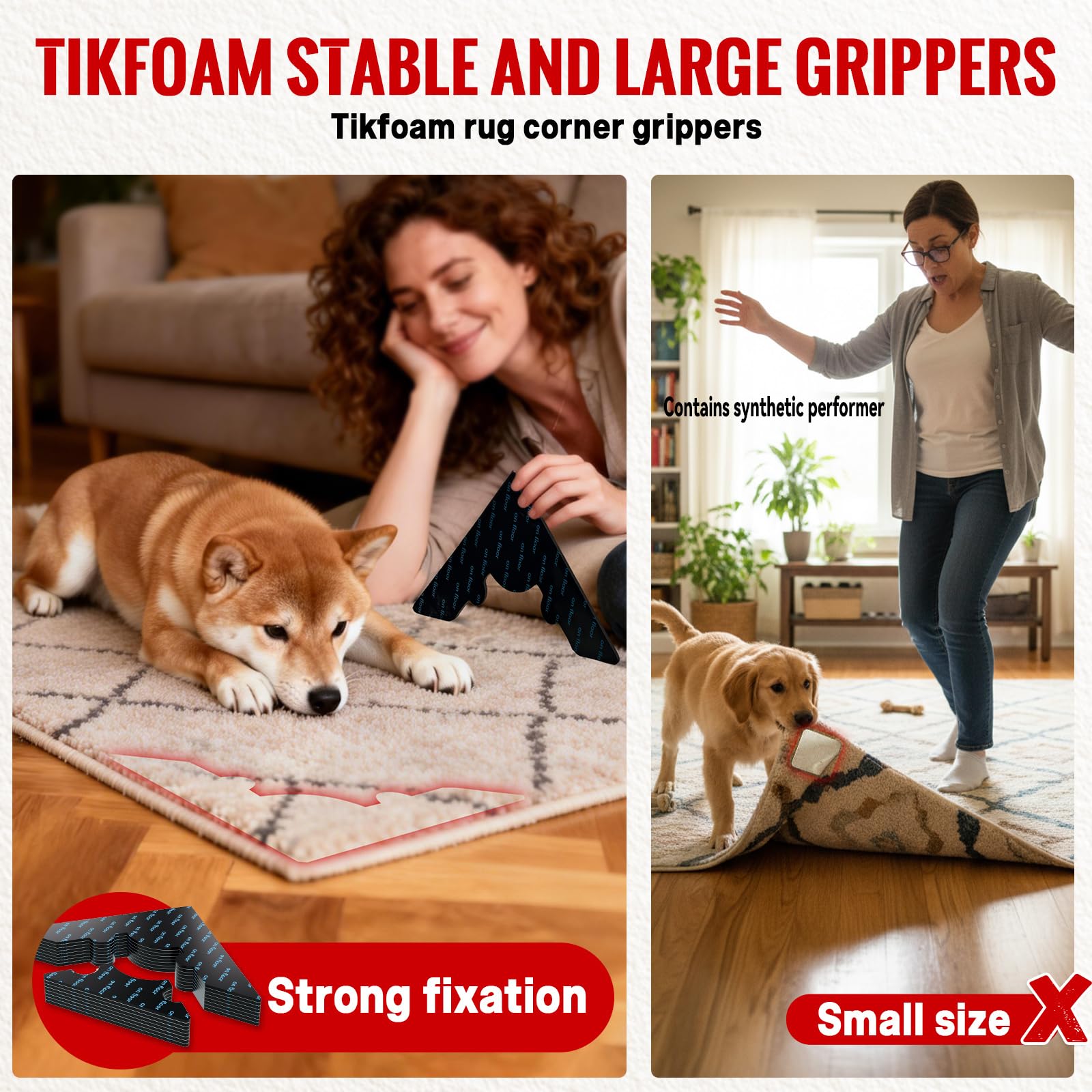 Tikfoam gripper lifted together with rug for easy floor cleaning