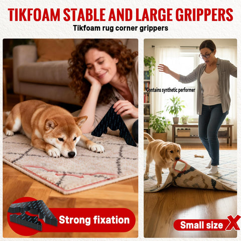 Tikfoam gripper lifted together with rug for easy floor cleaning