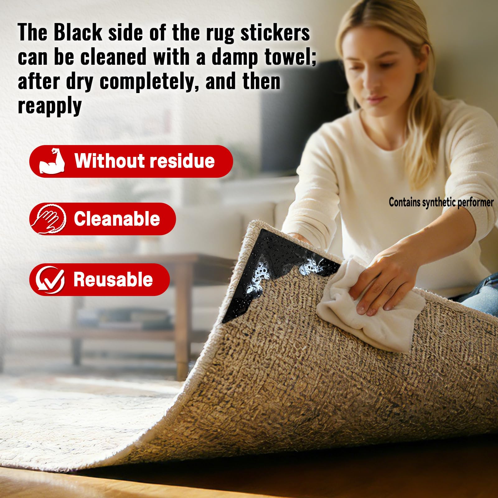 Tikfoam grippers applied to hardwood floor rug corner preventing slips