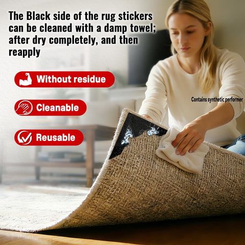 Tikfoam grippers applied to hardwood floor rug corner preventing slips