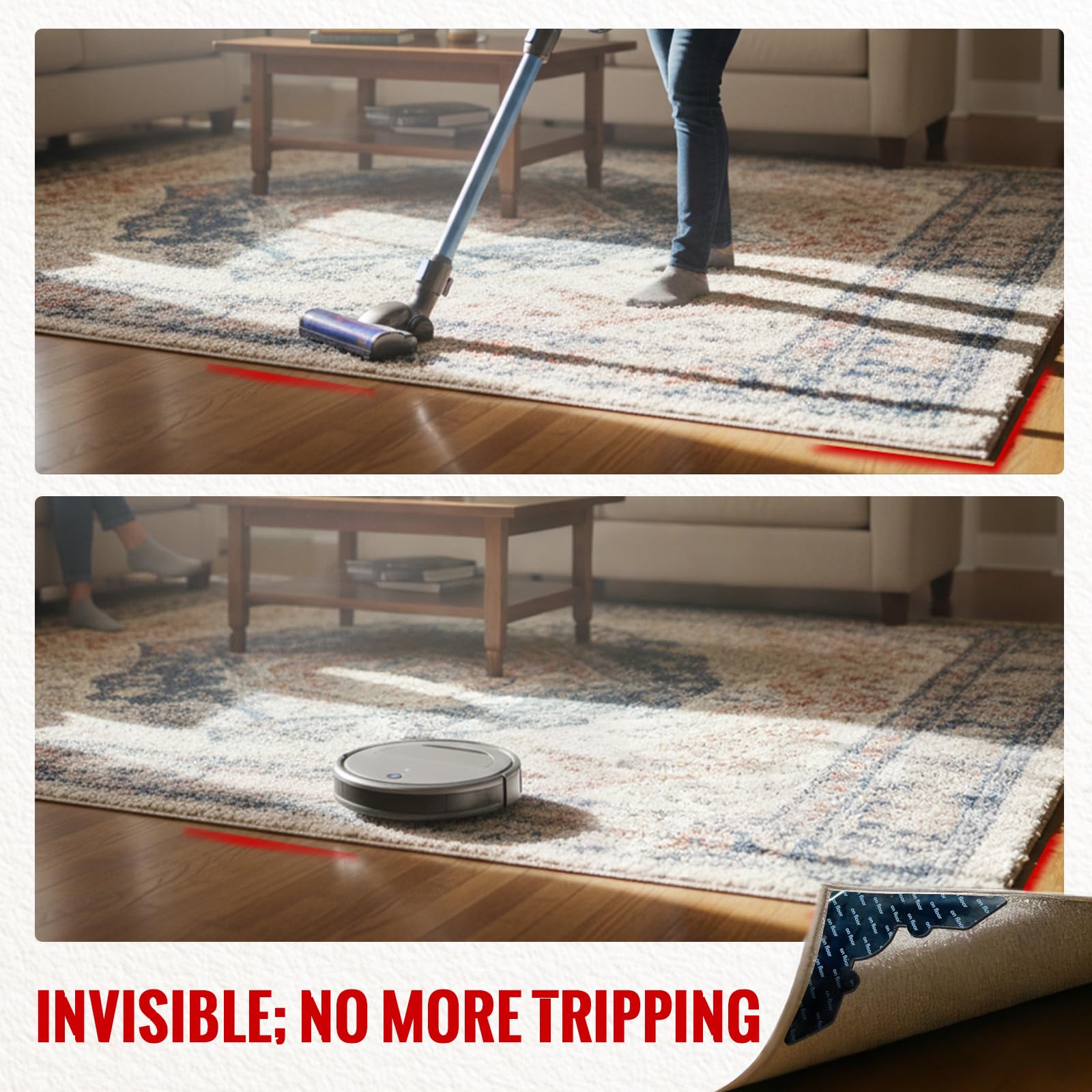 Tikfoam grippers trimmed to size fitting an irregular rug corner