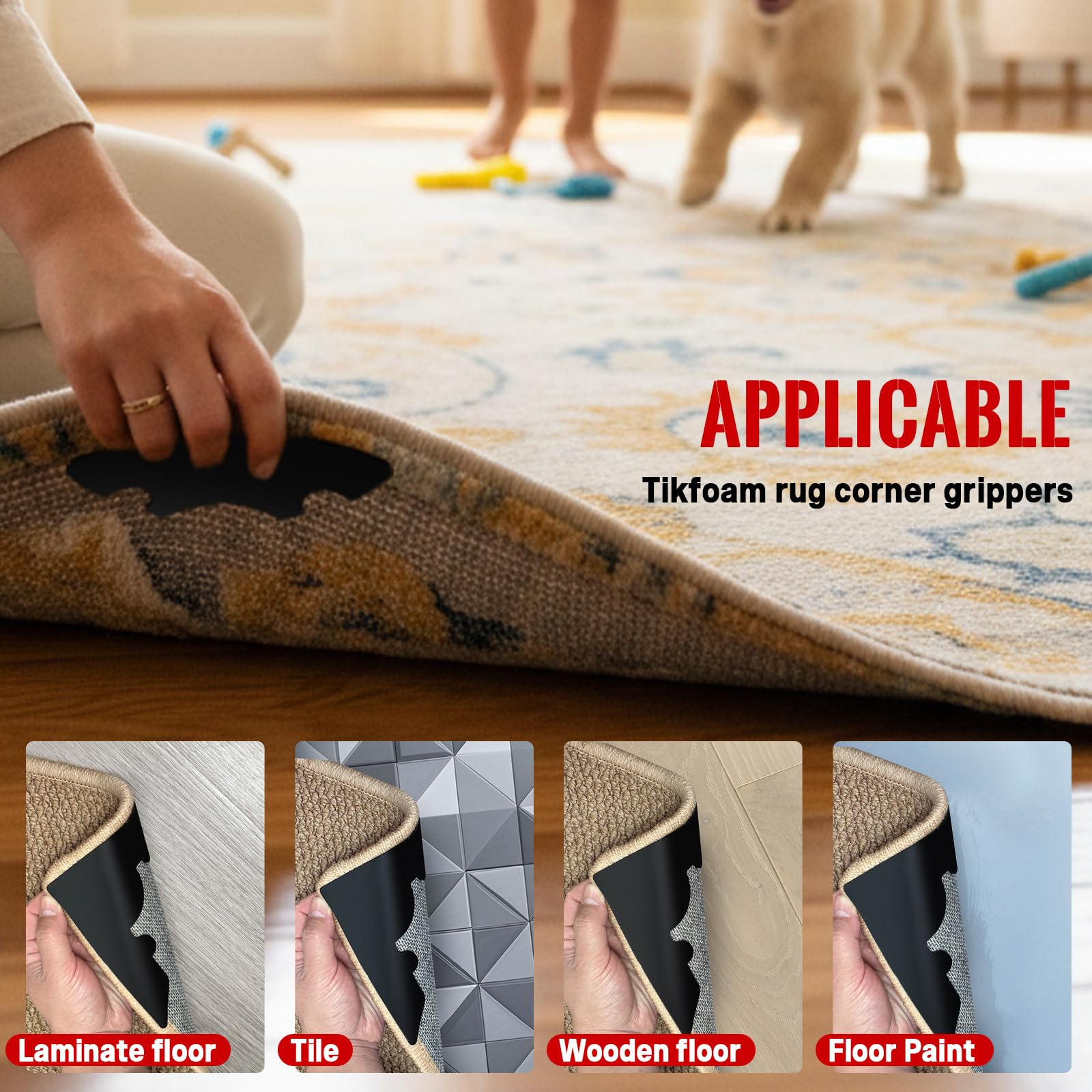 Tikfoam in living room showing stabilized rug and tidy appearance