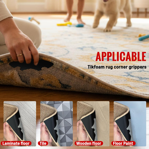 Tikfoam in living room showing stabilized rug and tidy appearance