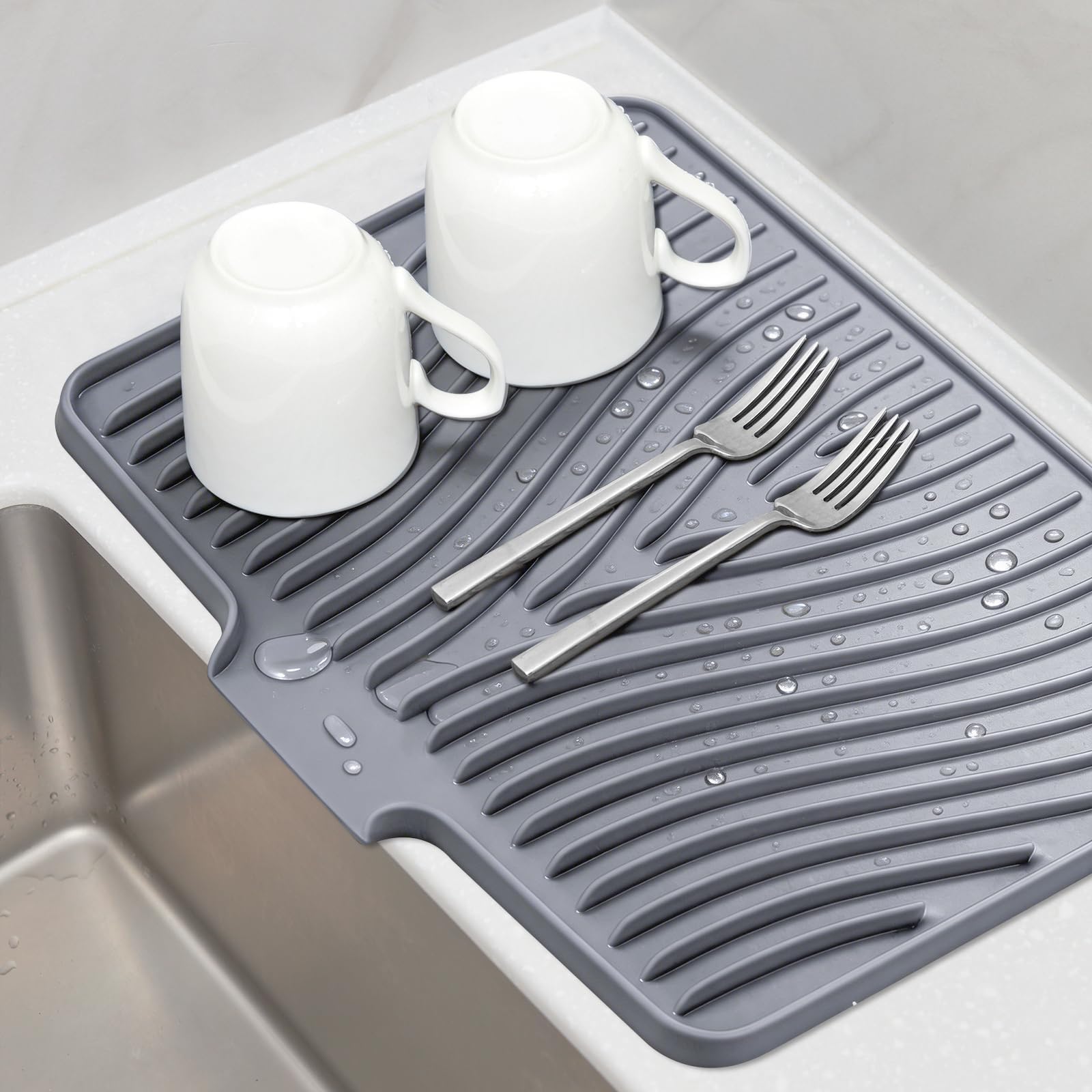 TIKNIK front view grey mat showing full surface protecting countertop