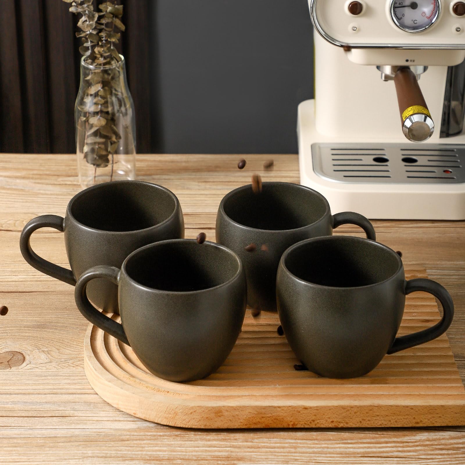 Tikooere mugs beside a ruler for size comparison and portion clarity