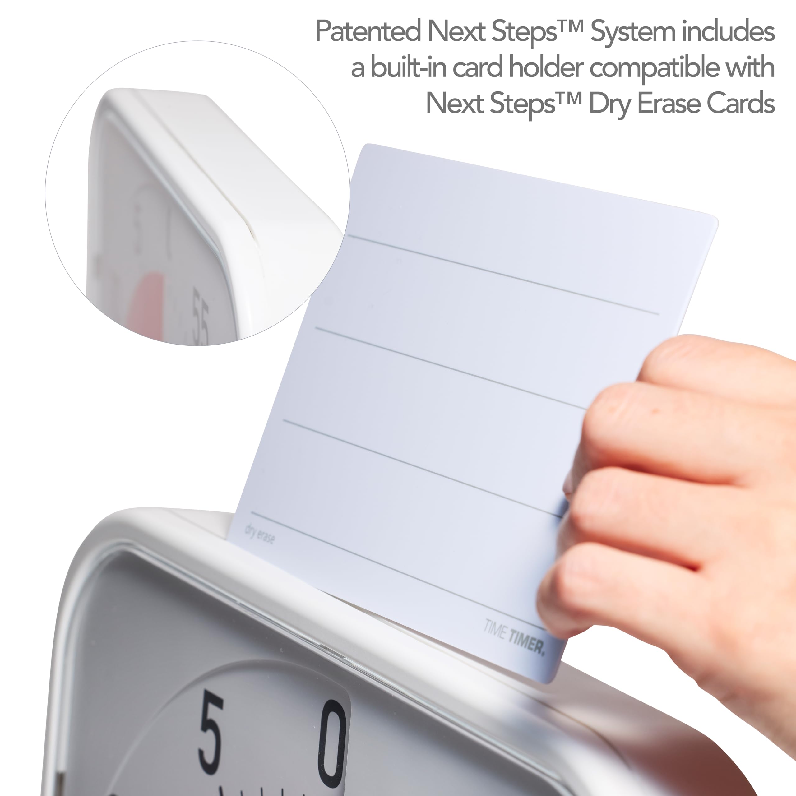 TIME TIMER side profile showing white frame and slim modern design benefit