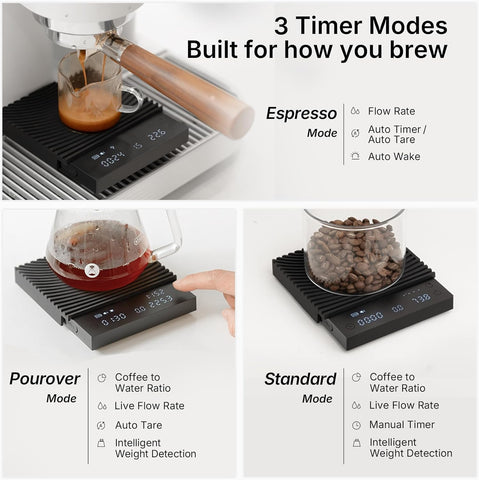 TIMEMORE Black Mirror top glass surface highlighting easy-to-clean platform and durability