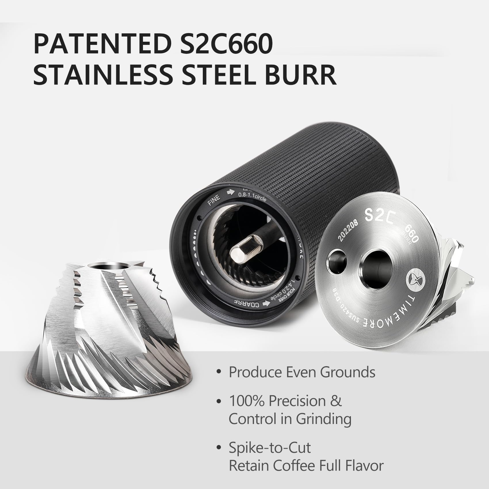 TIMEMORE burr detail showing S2C stainless steel conical burrs for even particle size