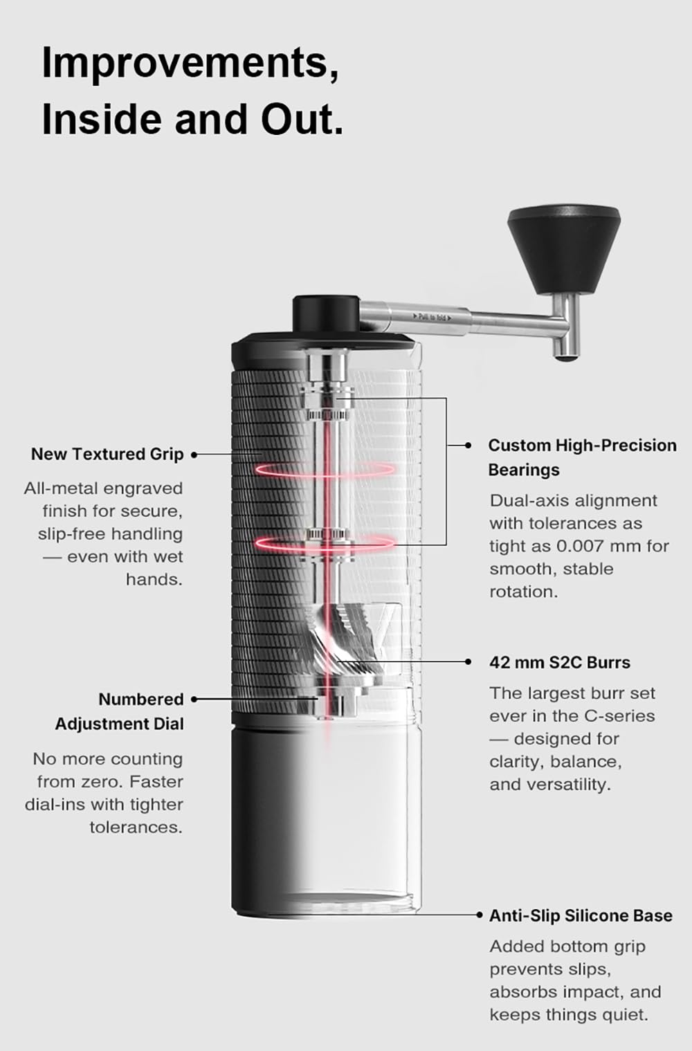 TIMEMORE C5 Pro adjustment dial detail showing fine-step clicks for precise calibration