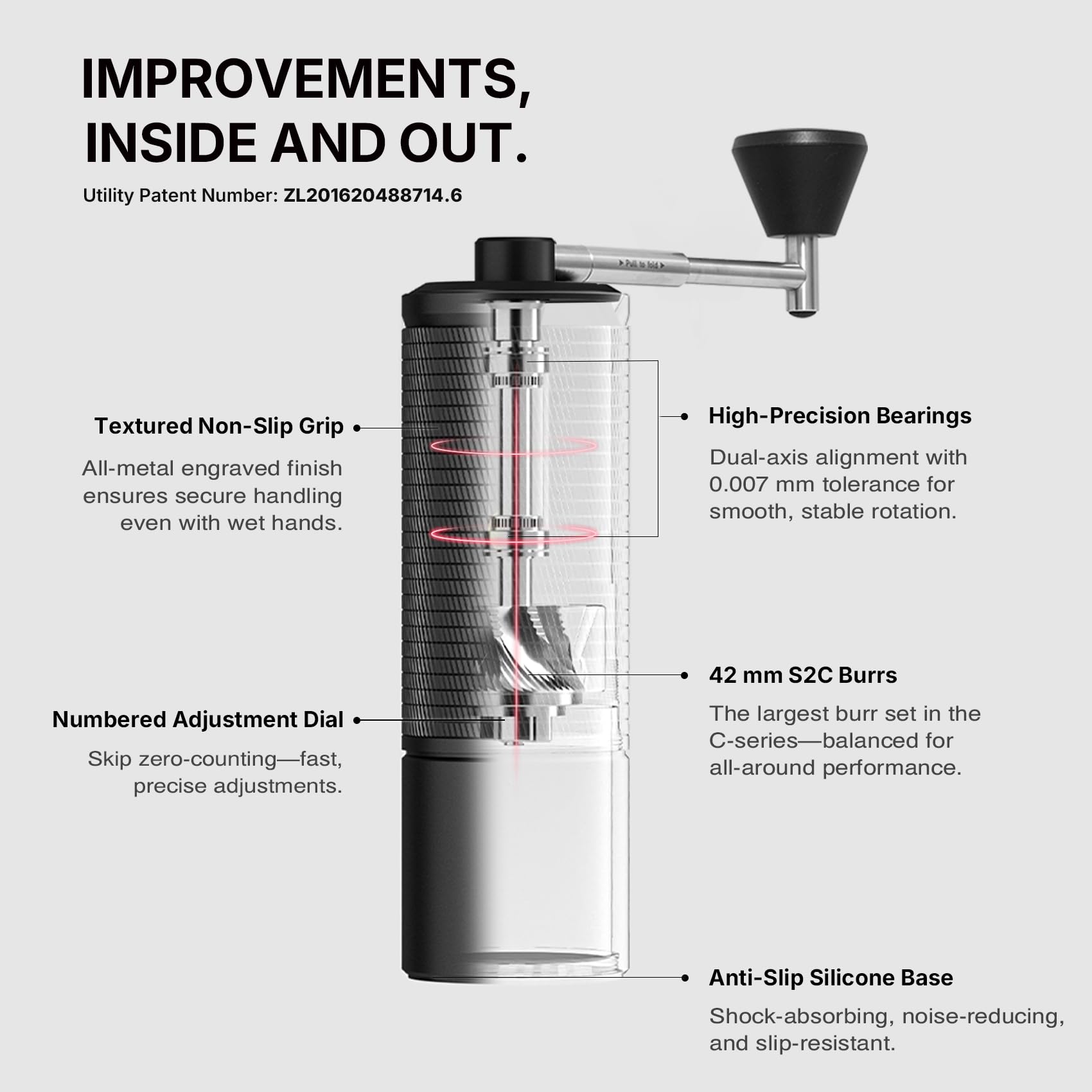 TIMEMORE C5 Pro folding handle extended demonstrating ergonomic leverage and easy storage benefit