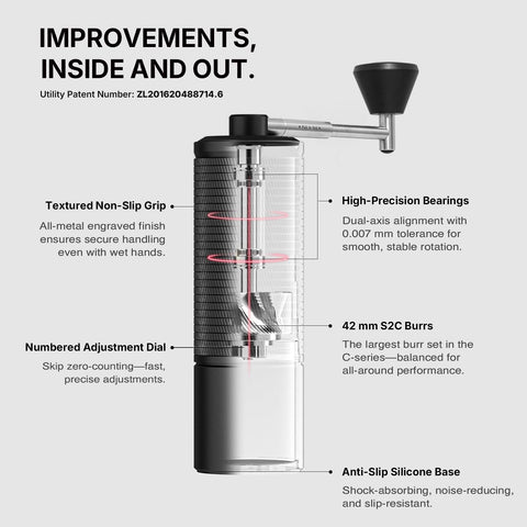 TIMEMORE C5 Pro folding handle extended demonstrating ergonomic leverage and easy storage benefit