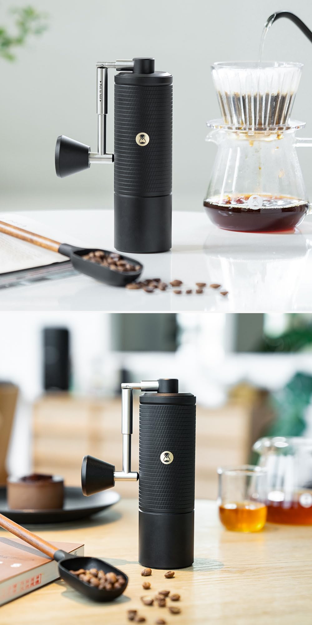 TIMEMORE C5 Pro next to 30g of beans showing capacity and single-serve convenience