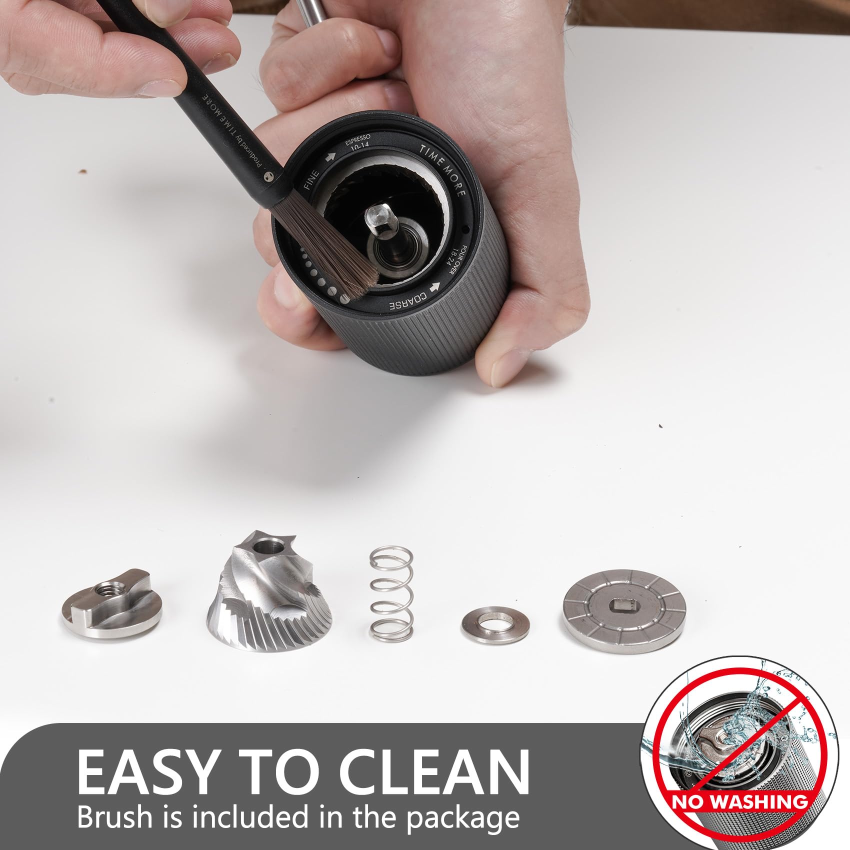 TIMEMORE chestnut C2S disassembled parts view showing easy-to-clean components for maintenance