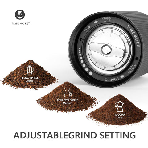 TIMEMORE chestnut C2S handle detail showing long stainless-steel crank for effortless grinding
