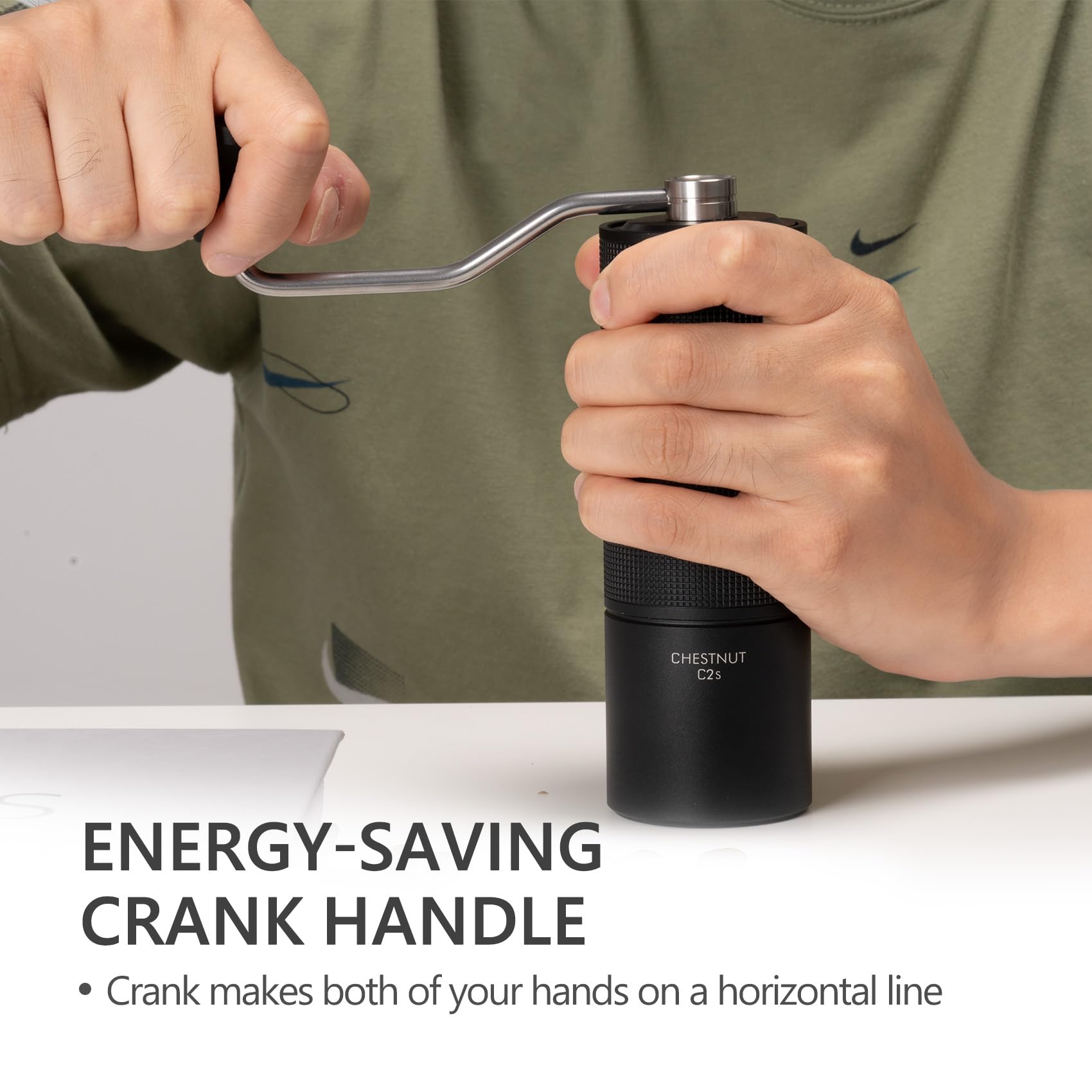TIMEMORE chestnut C2S beside a scale illustrating 25g capacity for single-serve portability