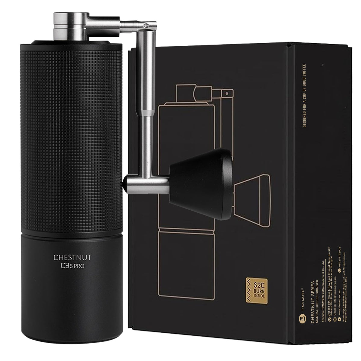 TIMEMORE Chestnut C3S Pro front view showing sleek metal body and compact form benefit
