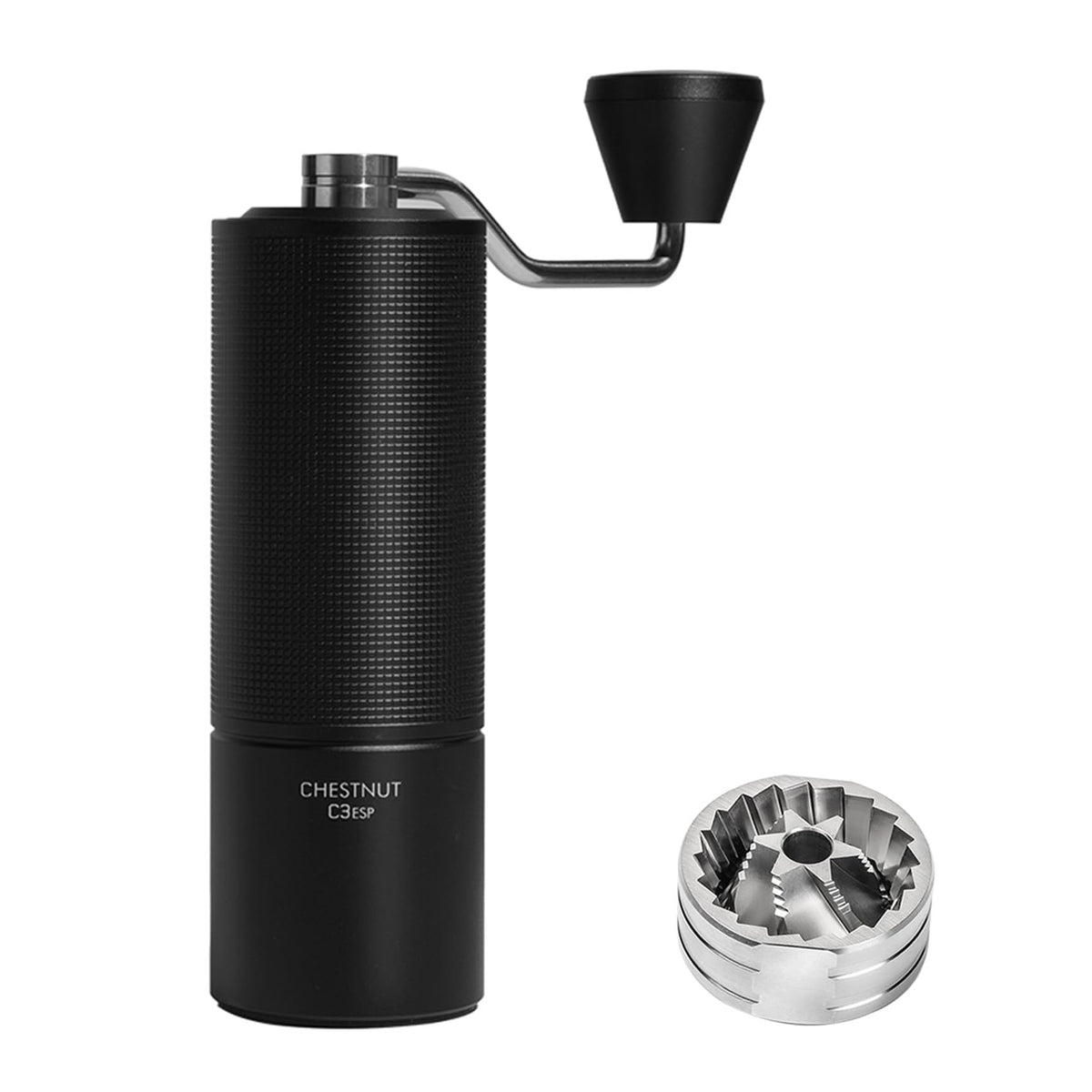 TIMEMORE front view showing compact grinder and sleek finish for reliable portability