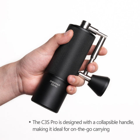 TIMEMORE grinder being used for pour‑over demonstrating portability and control benefits