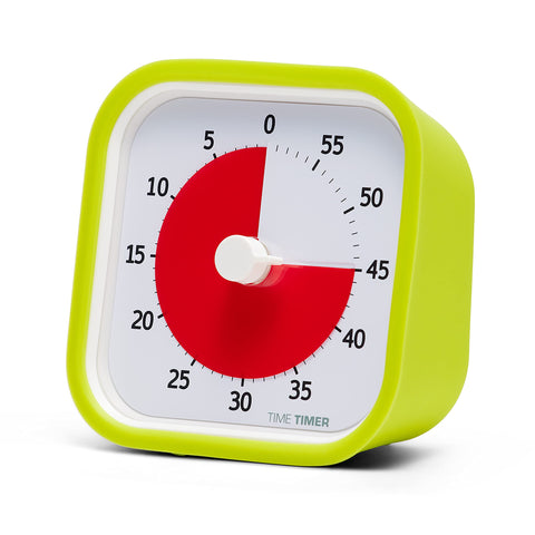 TIME TIMER MOD front view showing lime green cover and visible red disk for quick time awareness