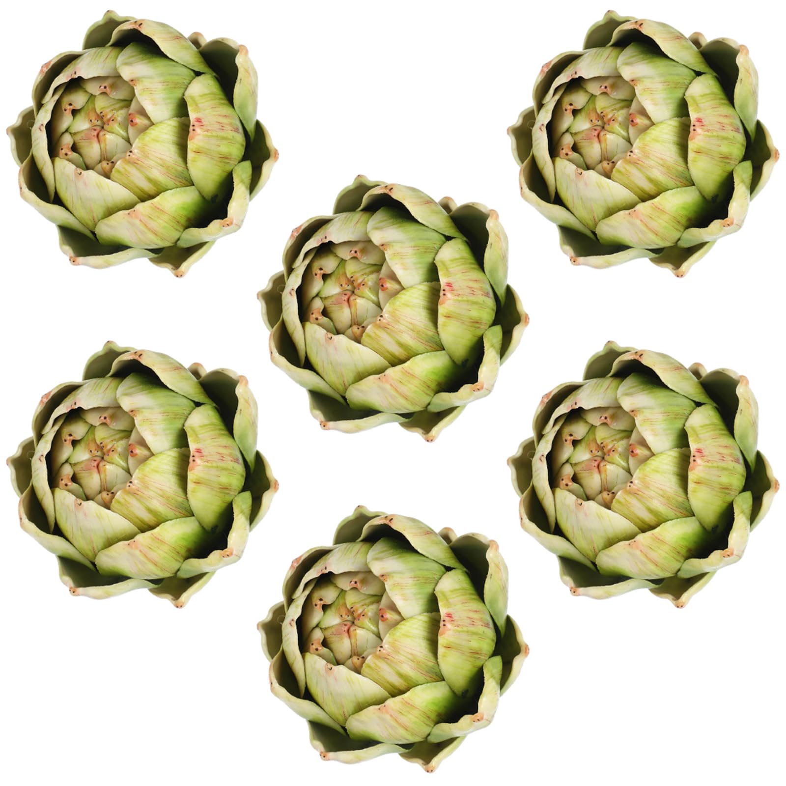 Timgle front view of large green faux artichokes showing realistic shape and color benefit