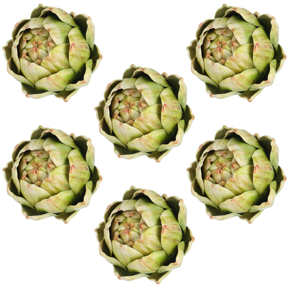 Timgle front view of large green faux artichokes showing realistic shape and color benefit
