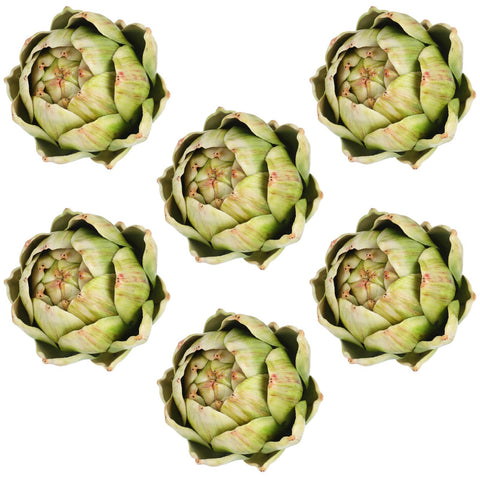 Timgle front view of large green faux artichokes showing realistic shape and color benefit